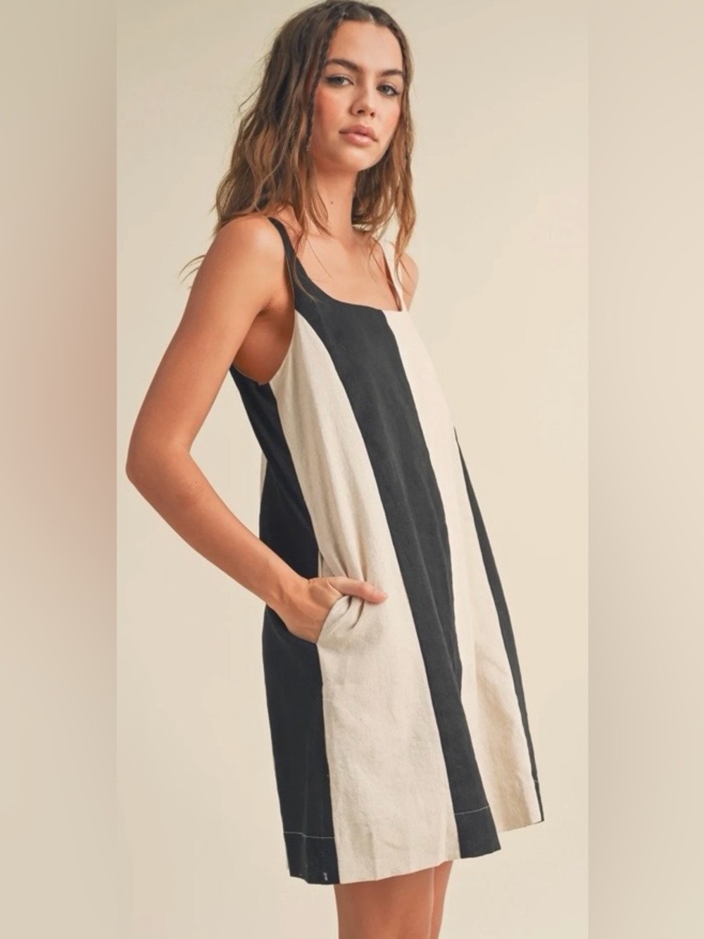 Miou Muse Black/Tan Color Block Linen Mini Dress Size Small New With tags